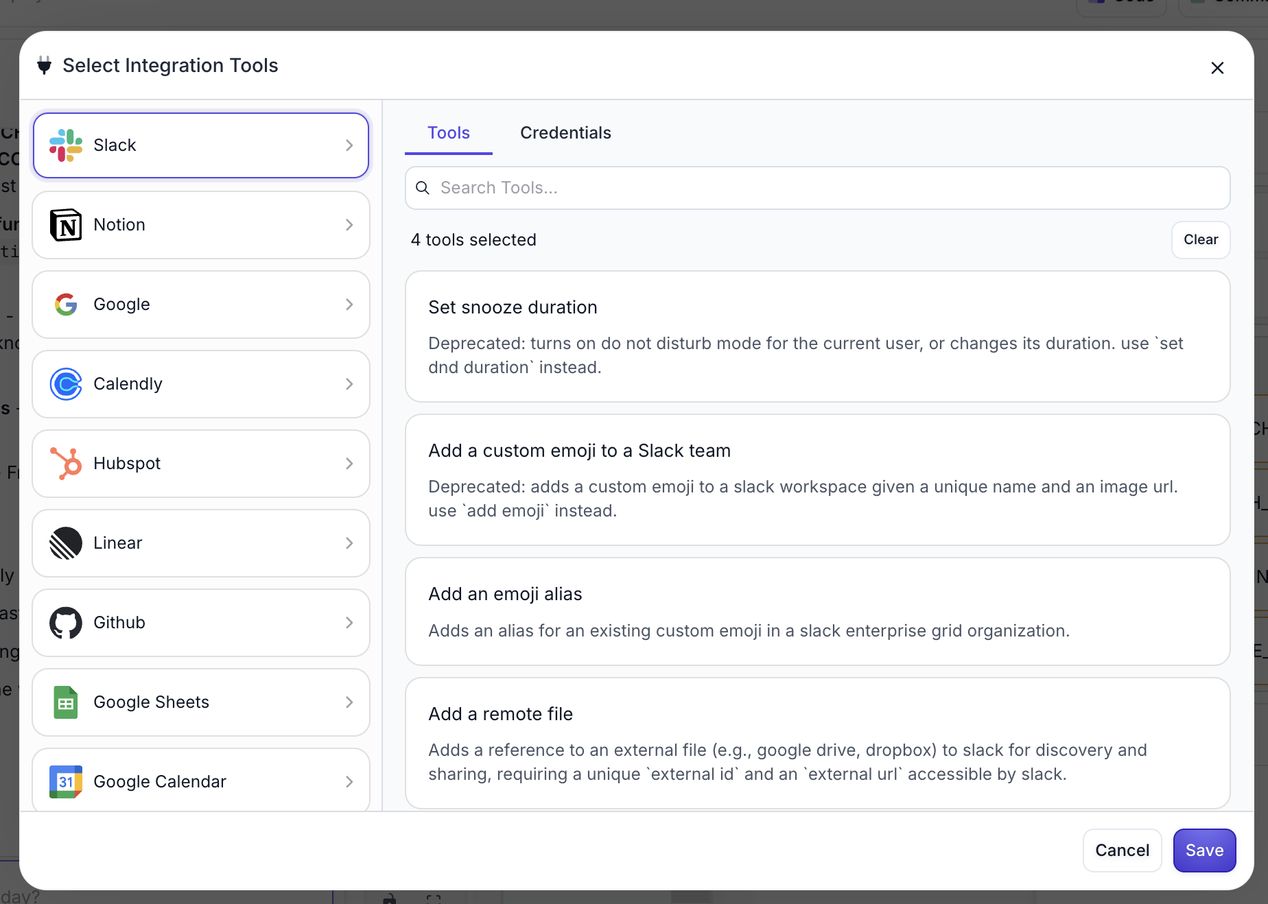 Integration selection modal showing available platforms including Slack, Notion, Google, Calendly, Hubspot, Linear, Github, Google Sheets, Google Calendar, and Google Drive