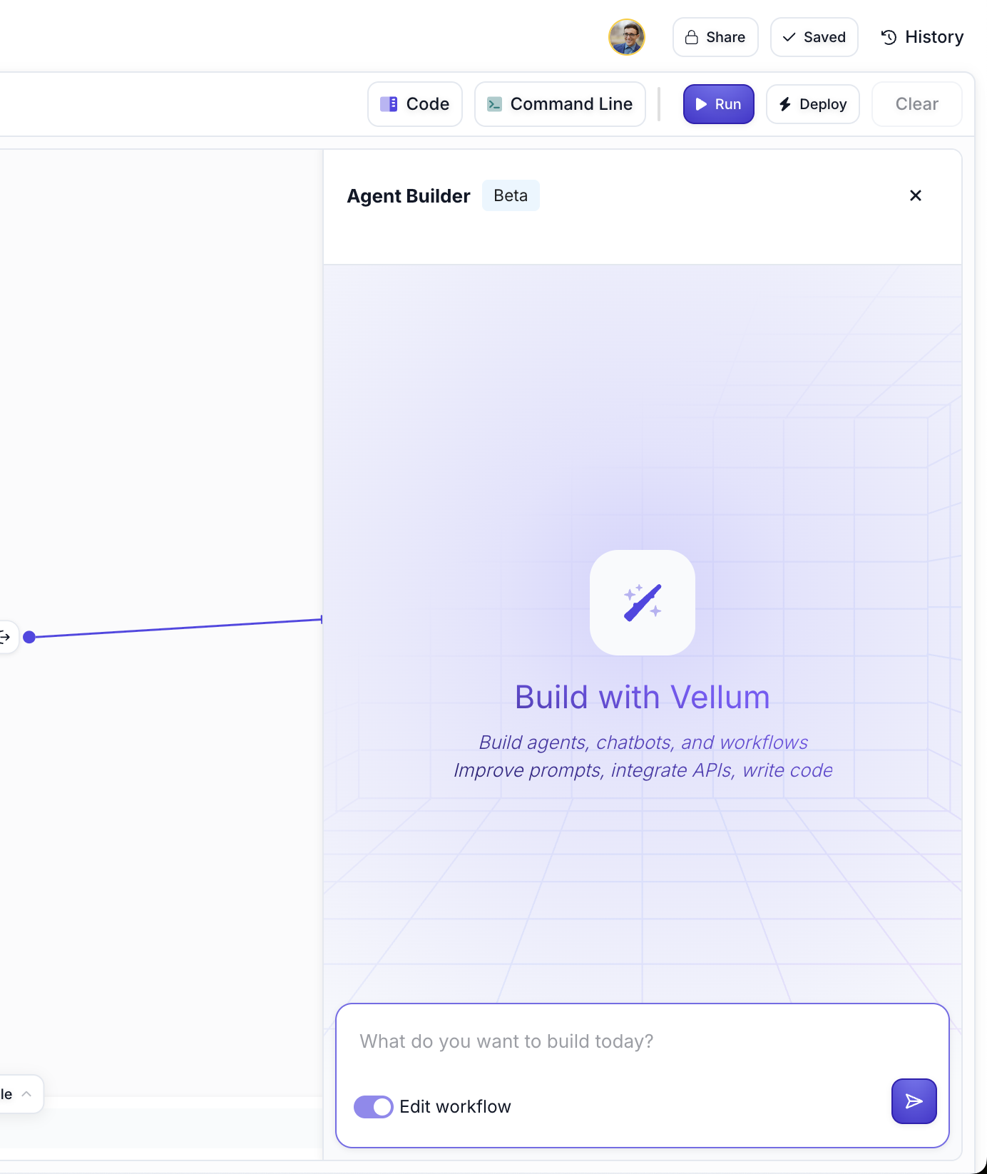 Screenshot showing Agent Builder panel in a Workflow Sandbox with welcome message and prompt asking 'What do you want to build today?' with an 'Edit workflow' toggle