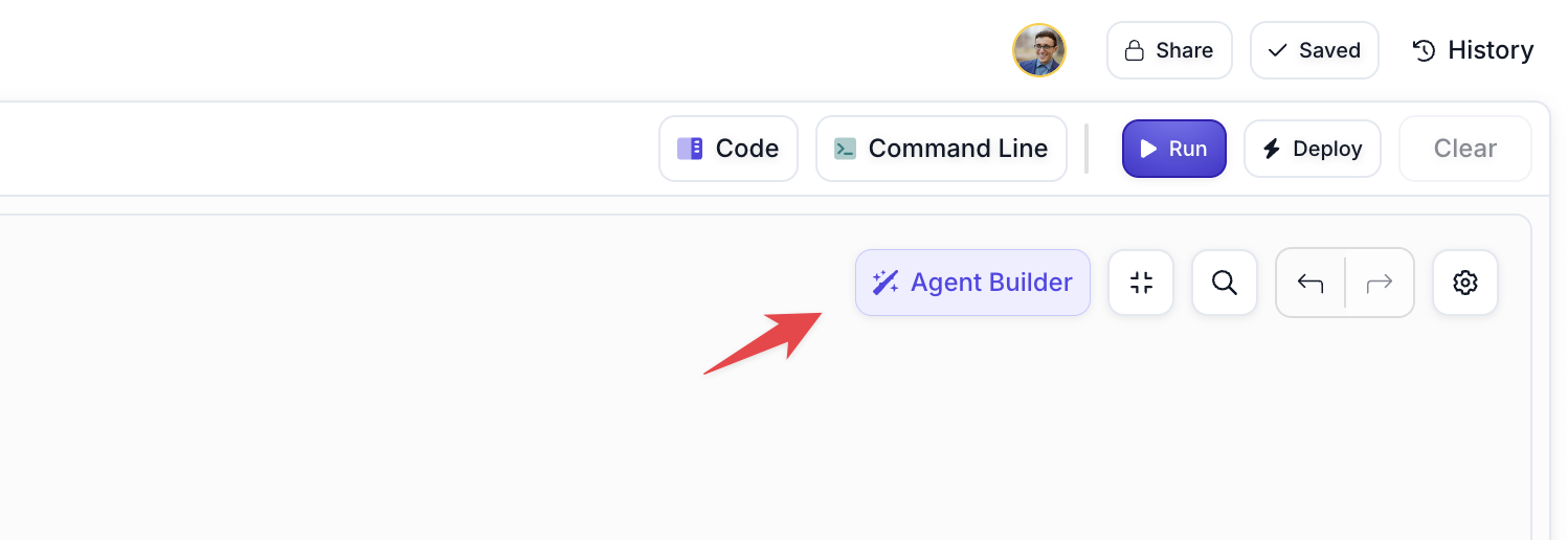 Screenshot showing the Agent Builder button prominently displayed in the Workflow Sandbox toolbar alongside other workflow controls