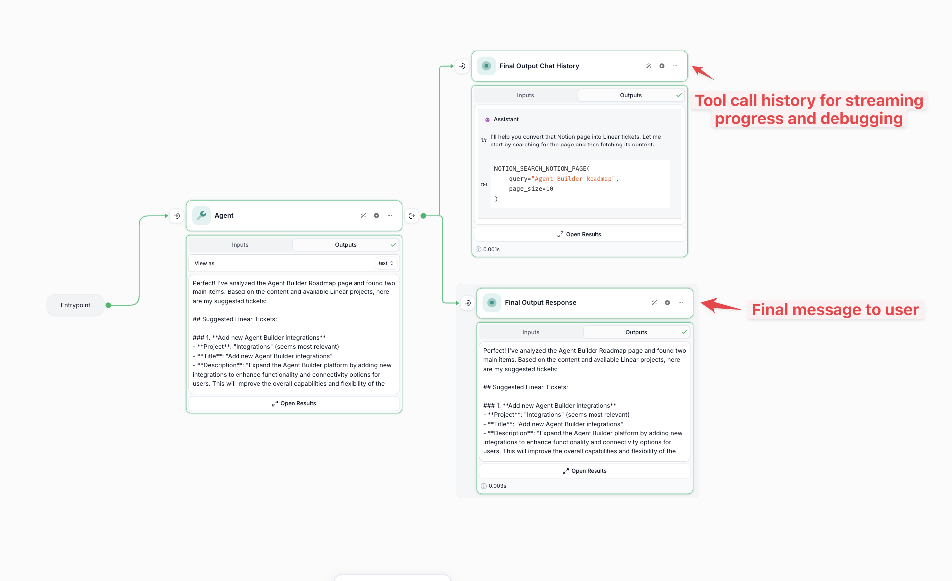 Workflow execution view displaying Agent Node with tool call history and final output showing integration functionality