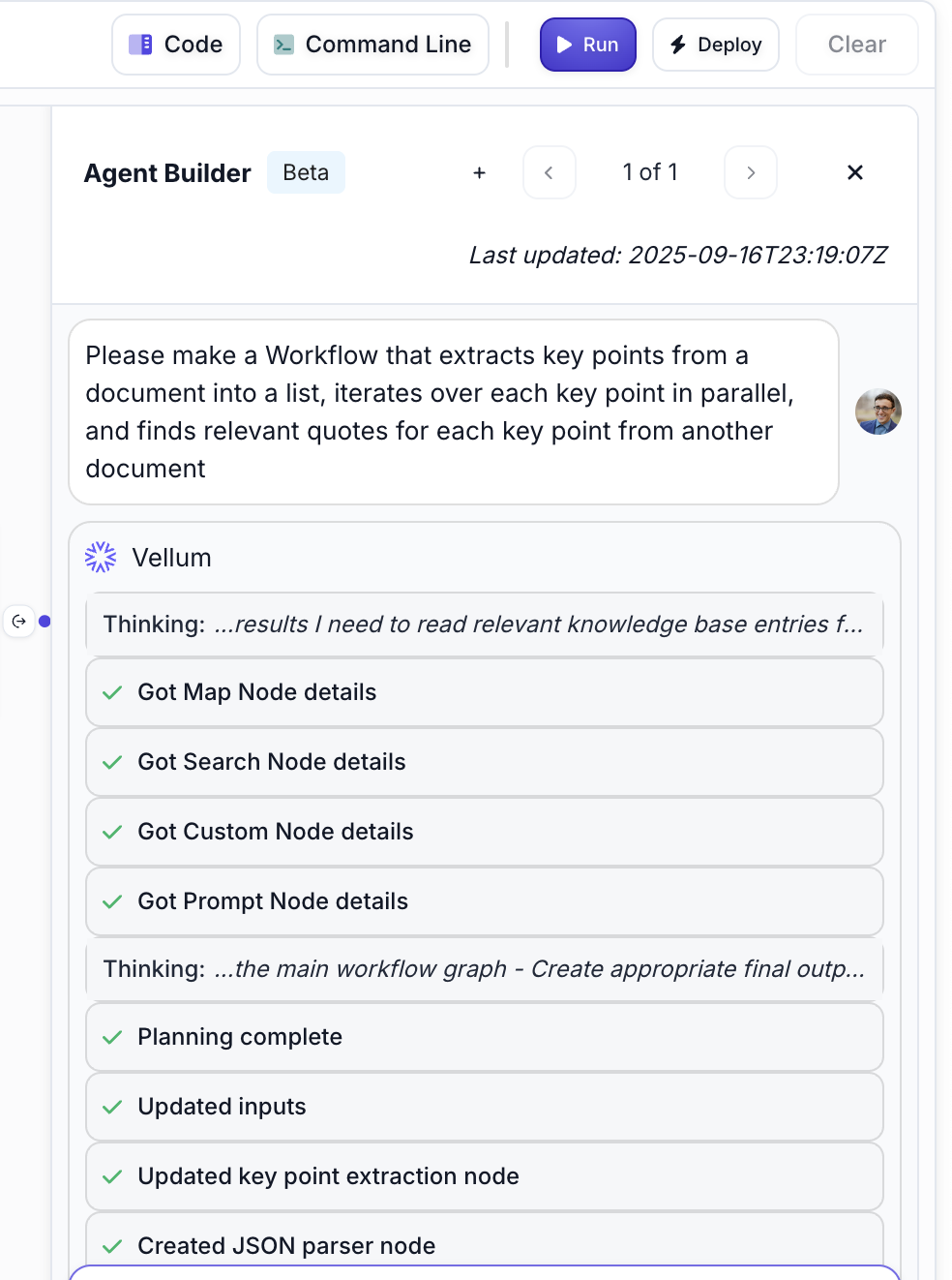 Screenshot showing Agent Builder working on a complex workflow request with visible progress steps including 'Got Map Node details', 'Got Search Node details', and other completed tasks
