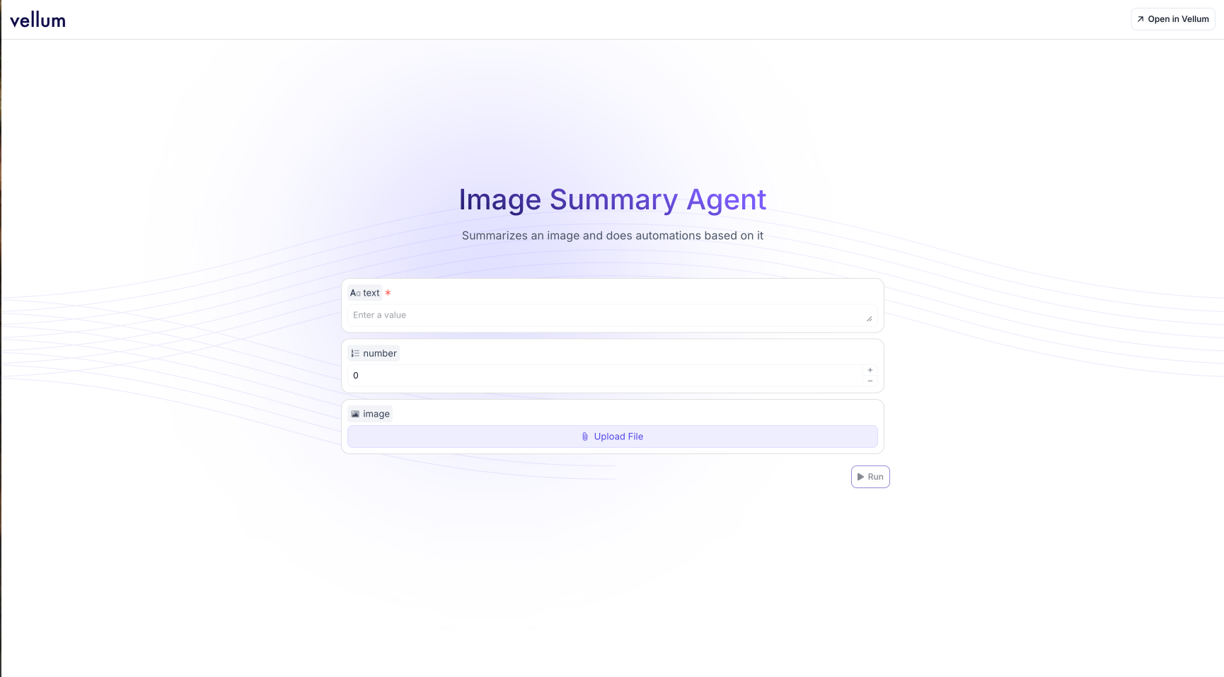Screenshot showing the AI App UI interface with input fields for text, number, and image upload, along with a Run button for Workflow execution