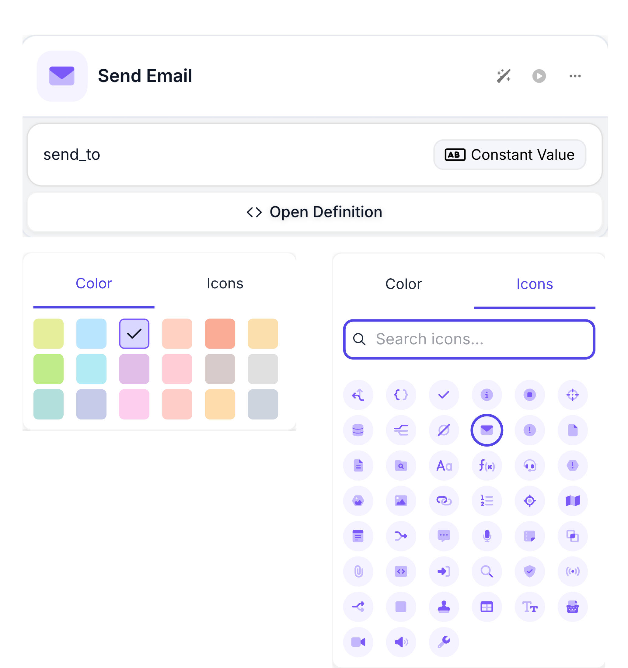 Screenshot showing the Node customization interface with color picker on the left showing various color options and icon selector on the right with a search bar and grid of available icons