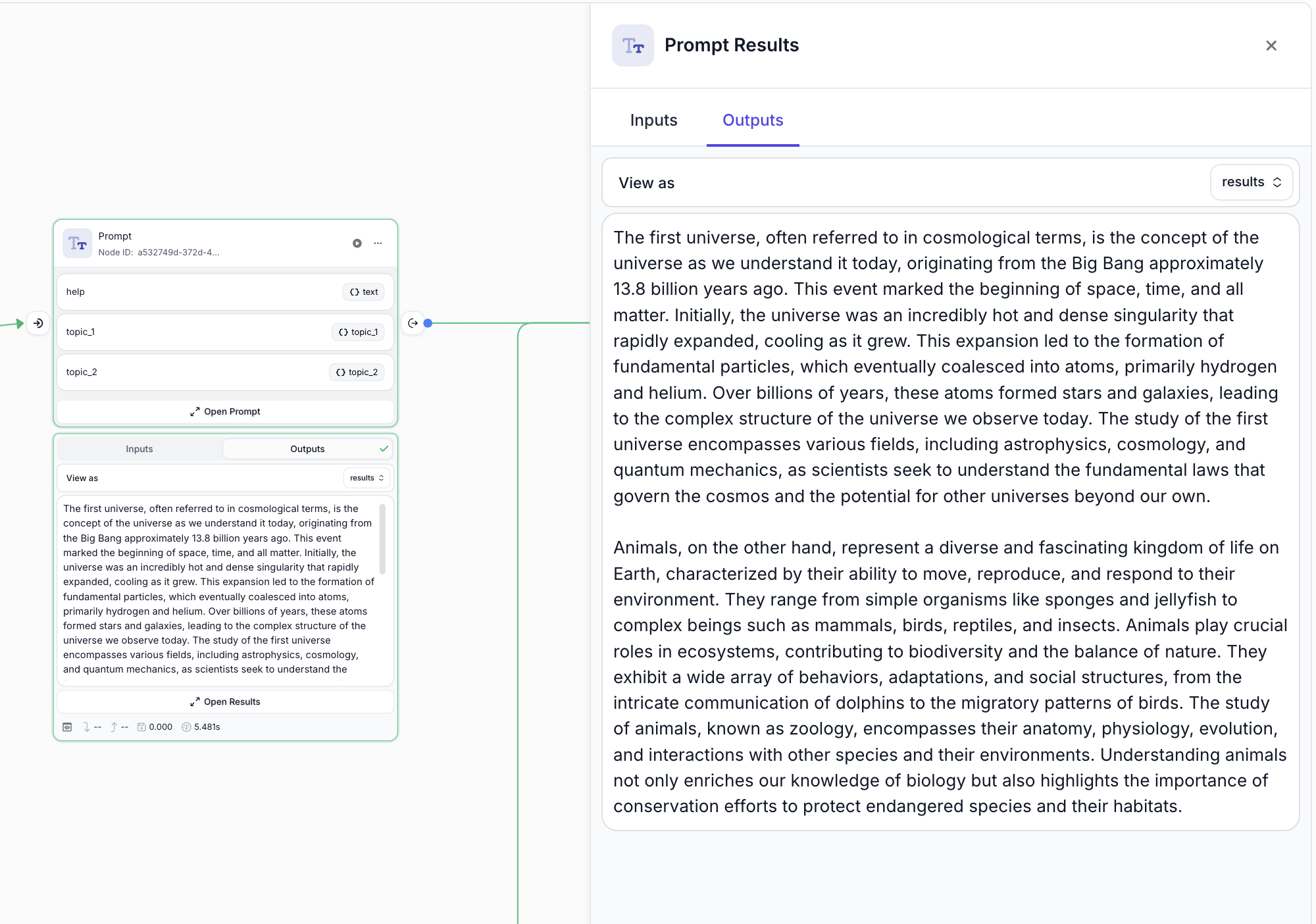 Close-up view of the Node Results side panel showing detailed formatted outputs with tabbed navigation