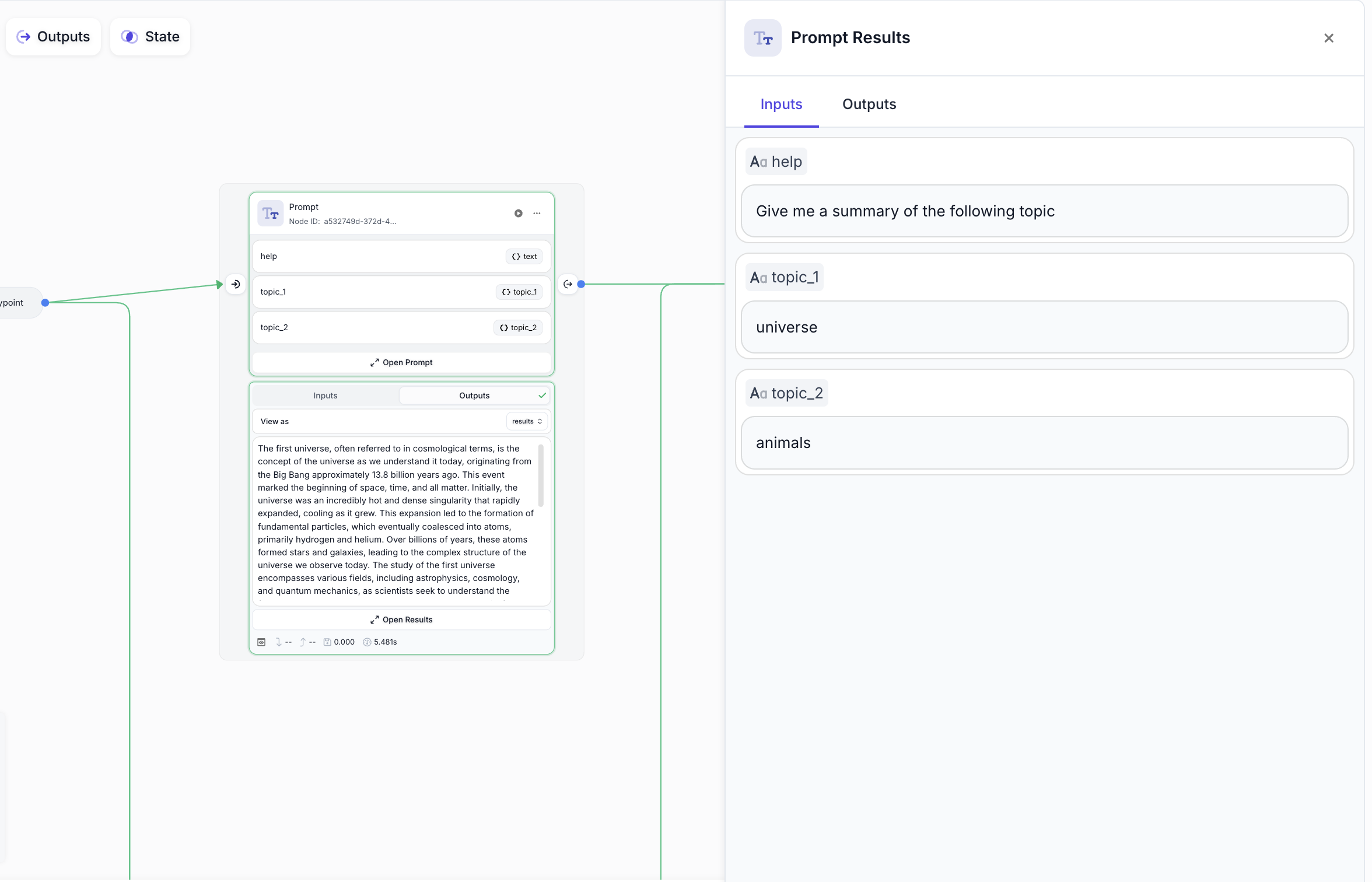 Workflow interface showing the Node Results side panel with expanded view of node inputs and outputs