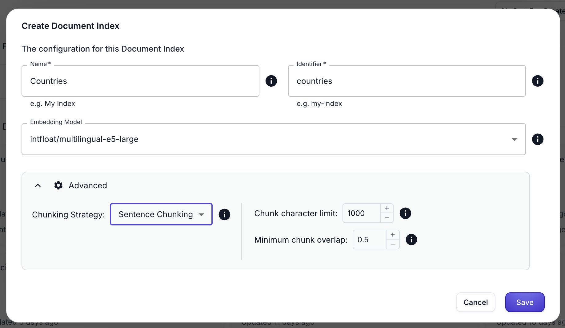 Document Index creation dialog