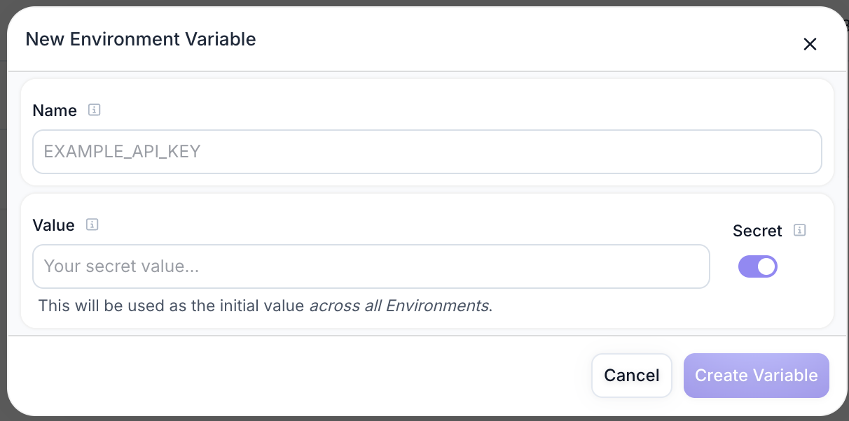 New Environment Variable creation modal showing Name and Value fields with a Secret toggle