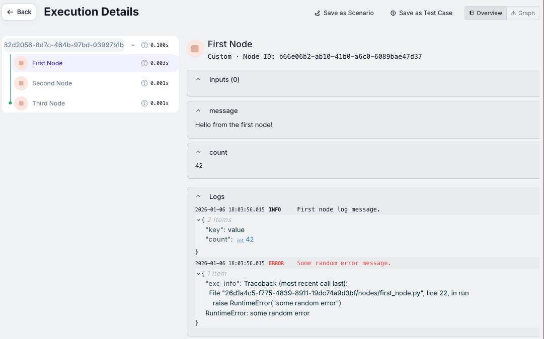 Execution Details page showing log events for a Node