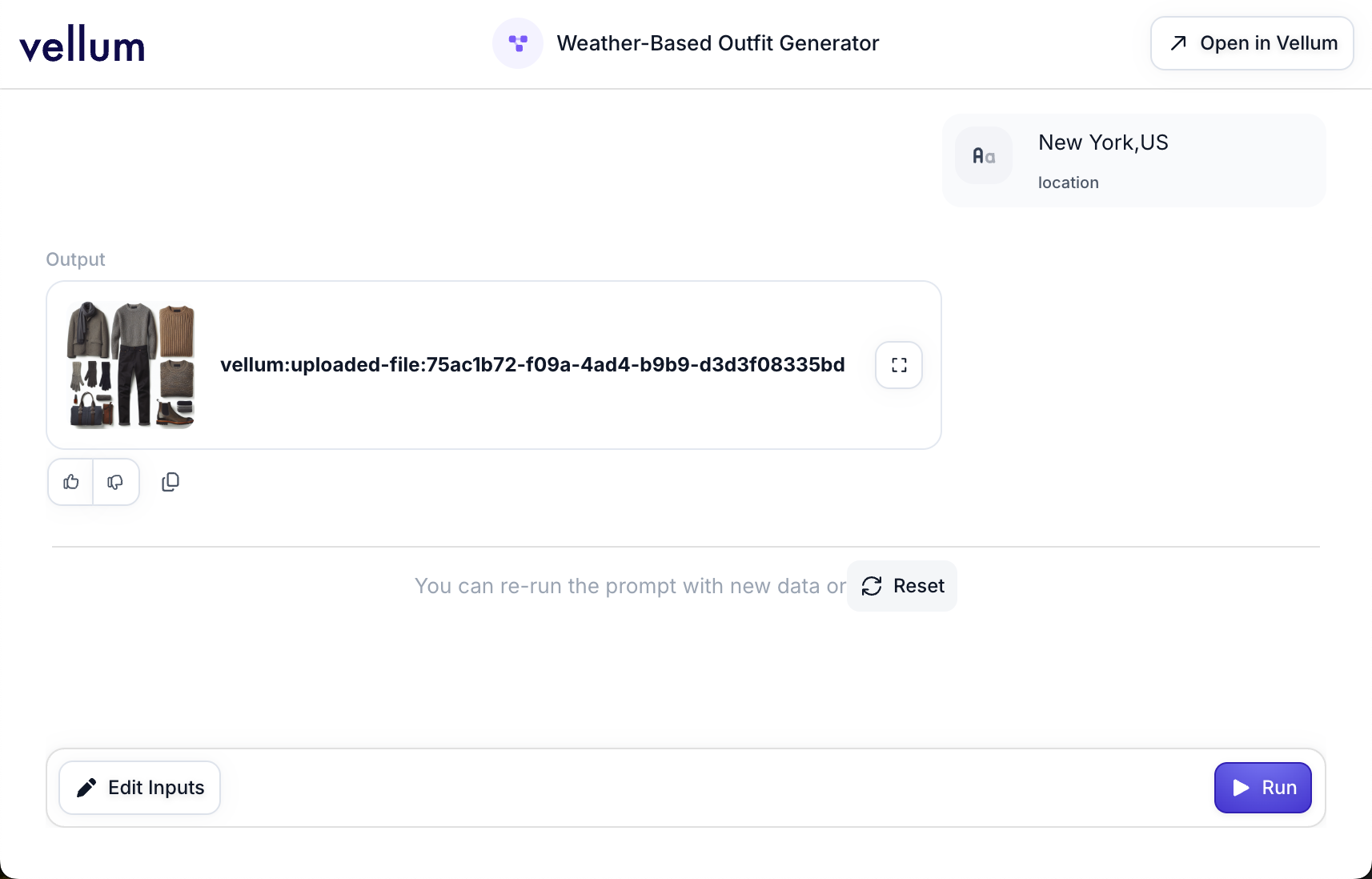 Multi-modal Workflow output showing generated outfit image in AI App