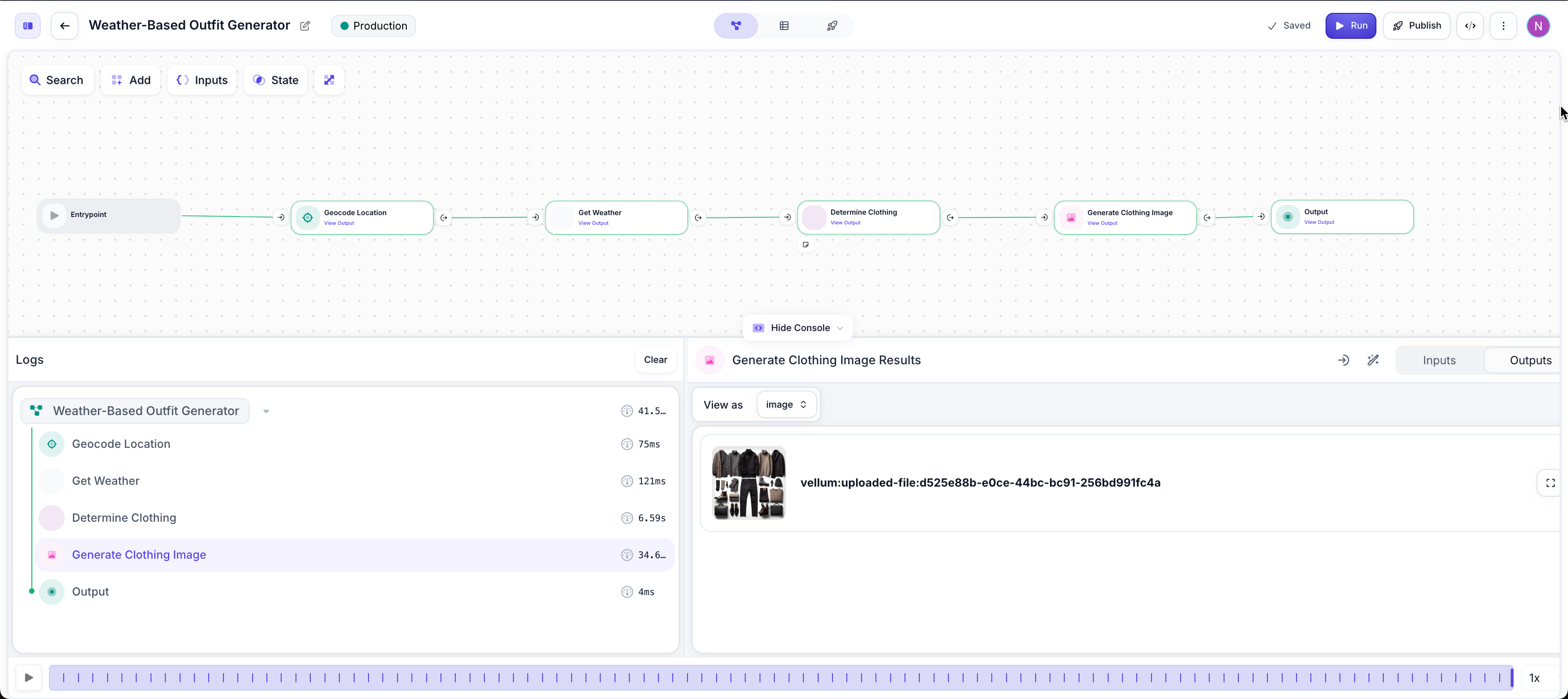 Workflow Sandbox showing image output in console
