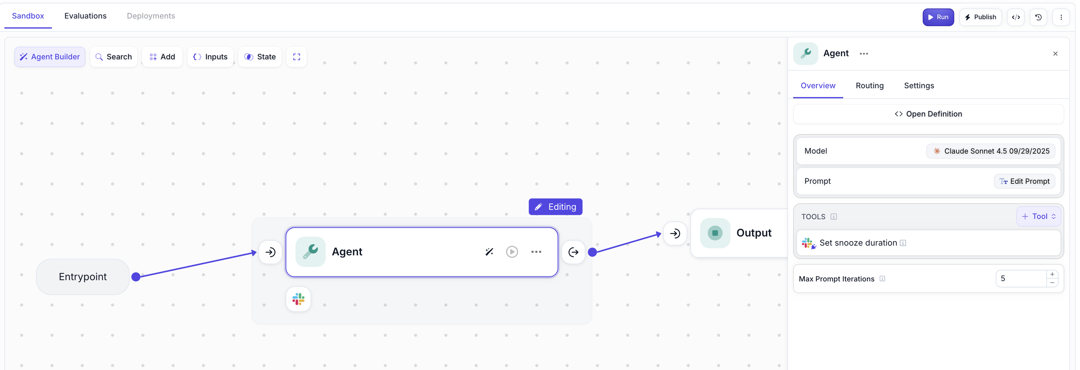 Workflow Sandbox showing Agent Node with configured Slack integration tool for setting snooze duration