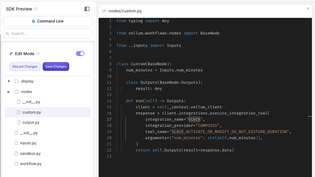 Custom Node SDK Preview showing Python code using client.integrations.execute_integration_tool with COMPOSIO integration provider for Slack