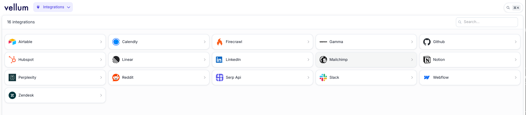 Integrations UI displaying available integrations including Airtable, Calendly, Firecrawl, Gamma, Github, Hubspot, Linear, LinkedIn, Mailchimp, Notion, Perplexity, Reddit, Serp Api, Slack, Webflow, and Zendesk