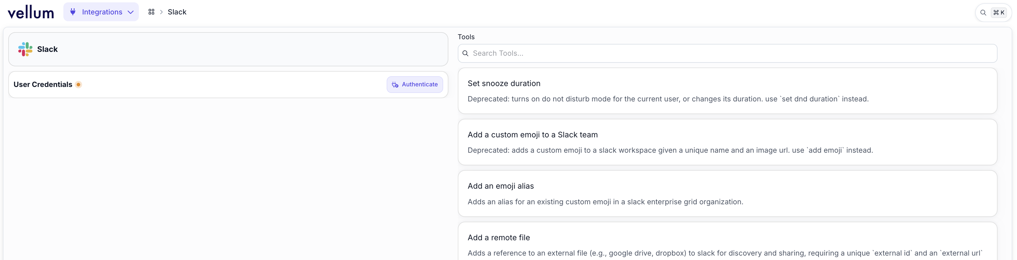 Slack integration detail page showing available tools including Set snooze duration, Add a custom emoji to a Slack team, Add an emoji alias, and Add a remote file