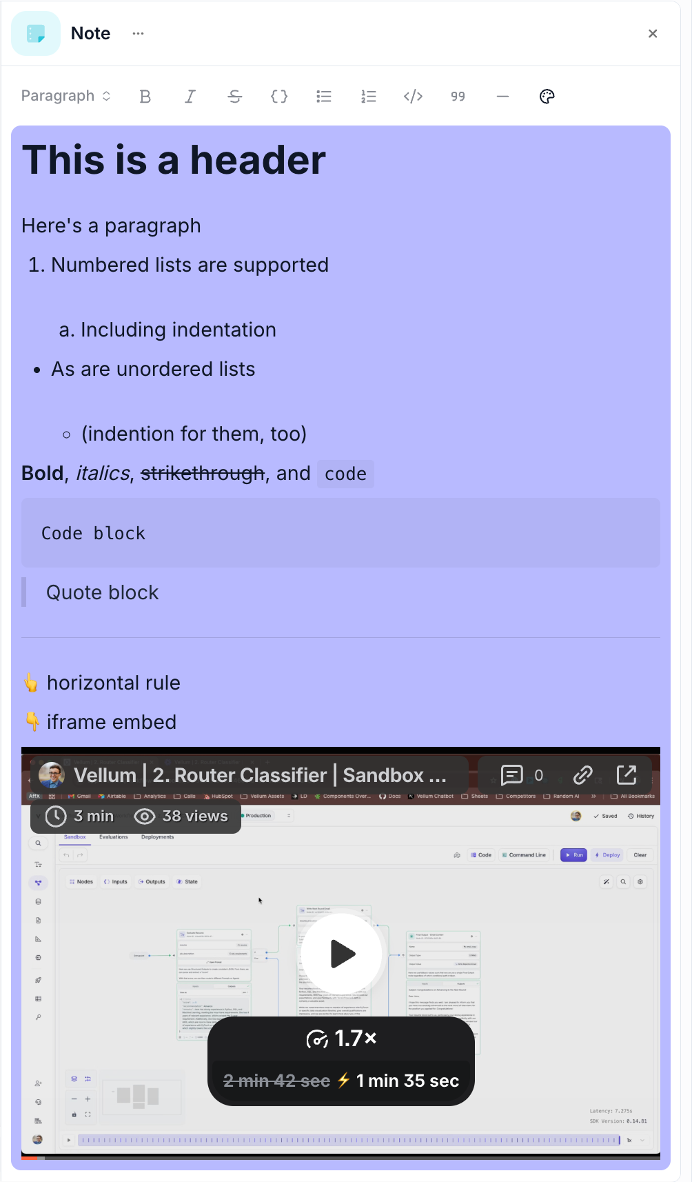Screenshot showing the Note Node Markdown Editor interface with formatting toolbar displaying options for headers, bold, italic, lists, code blocks, quotes, and iframe embedding, along with a preview showing formatted content including headers, paragraphs, lists, and embedded iframe