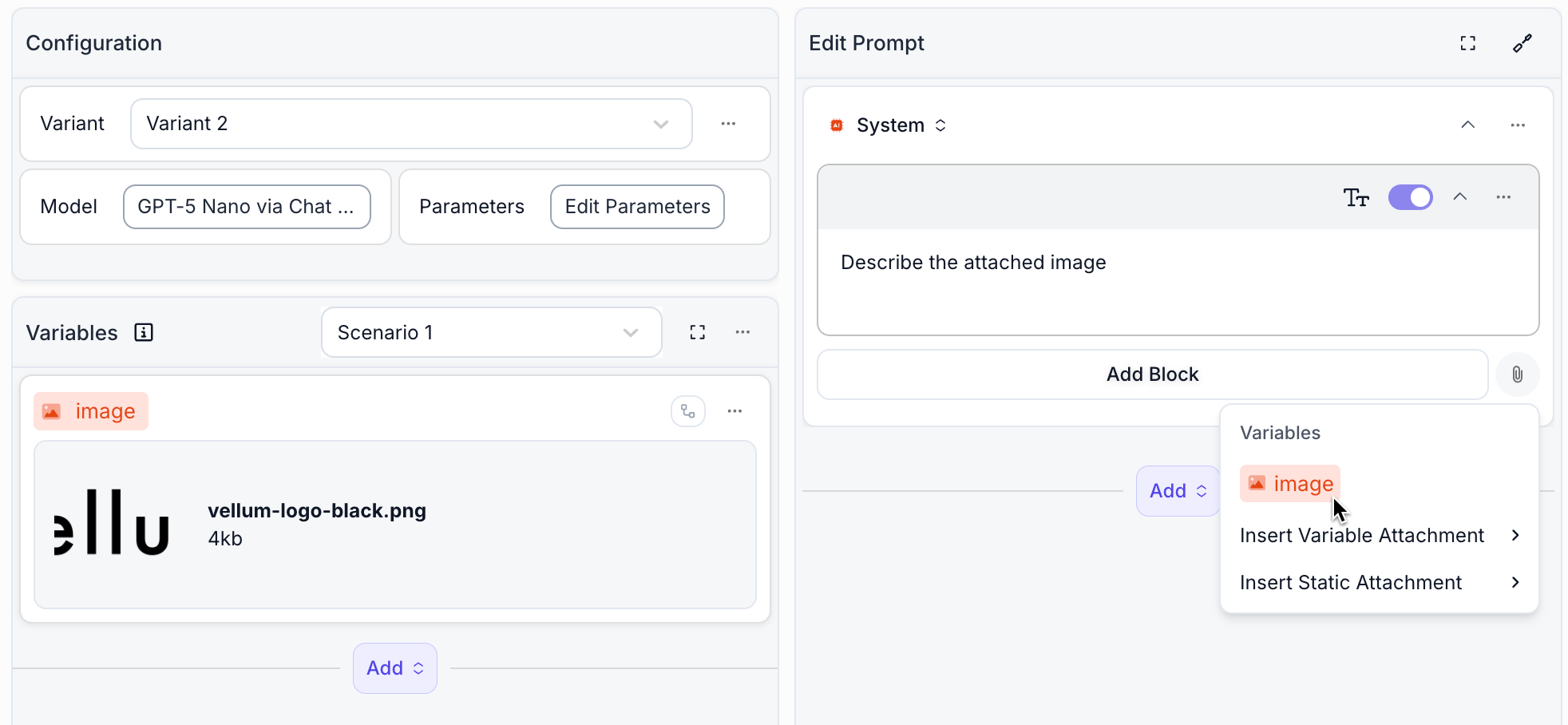 Screenshot showing Prompt variable configuration interface with an image variable being configured, displaying file upload area for vellum-logo-black.png