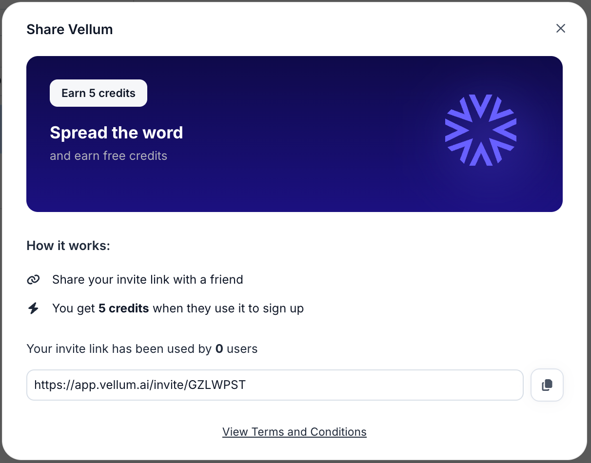 Share Vellum modal displaying Earn 5 credits badge, invite link, and referral program details