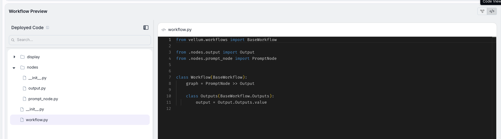 Workflow Preview showing the toggle between graph view and deployed code artifact, with workflow.py file displayed in the code view