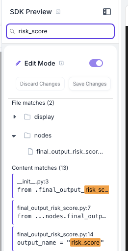 Screenshot of SDK Preview interface showing search results for 'risk_score' with file matches (2) and content matches (13) displayed with highlighted search terms