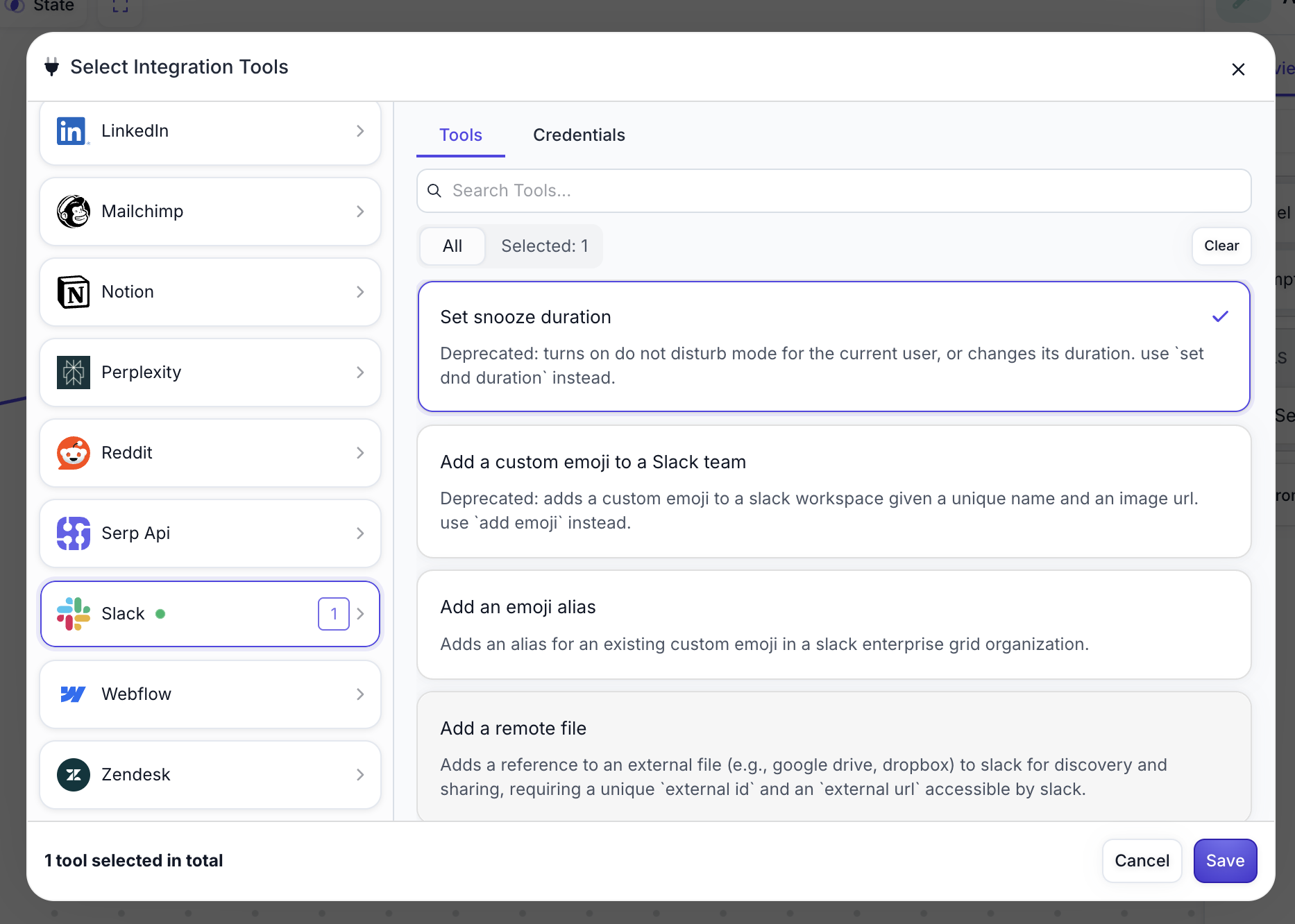 Integration selection modal showing available platforms with a Slack tool selected
