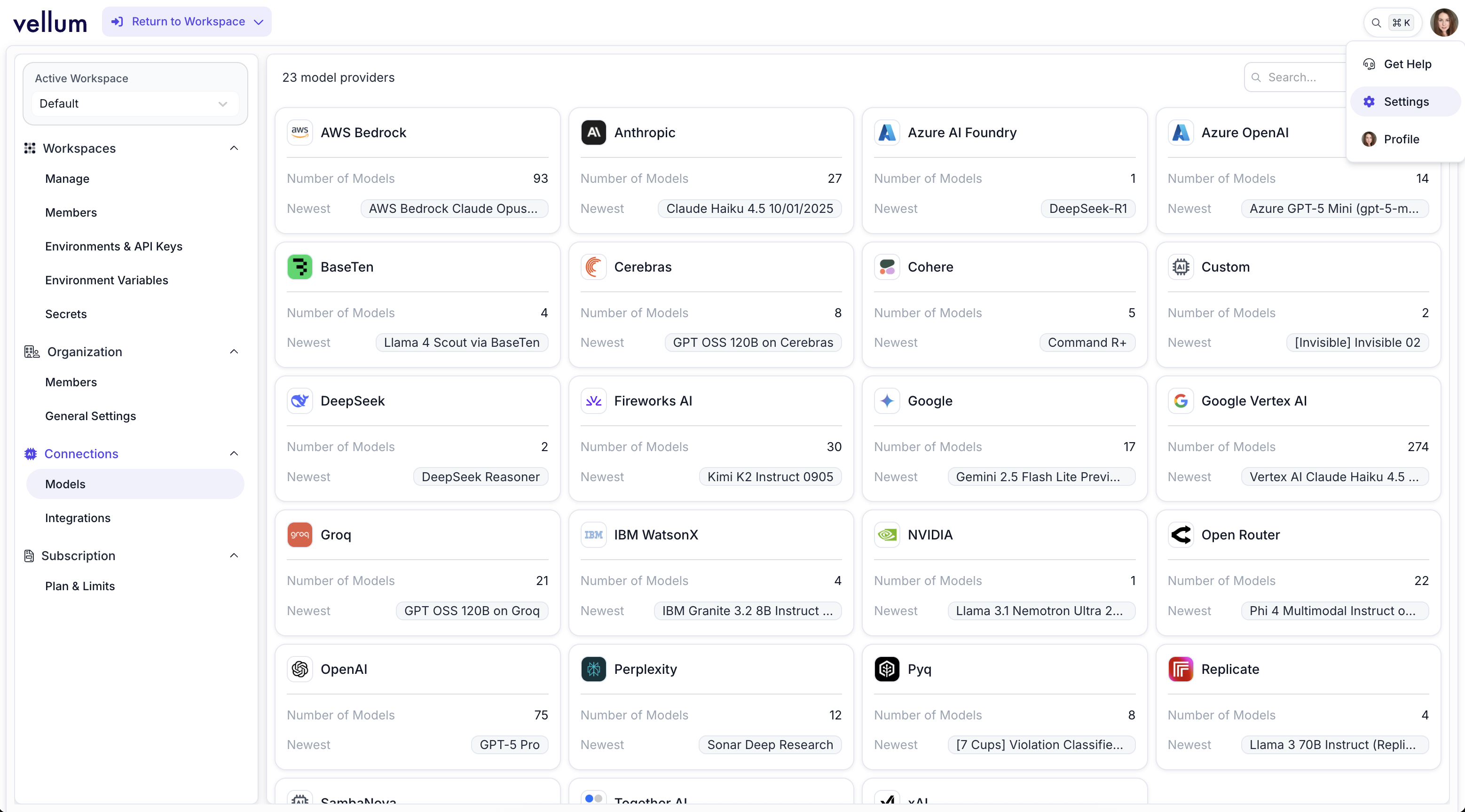 Settings page displaying Models section with various model providers including AWS Bedrock, Anthropic, Azure AI Foundry, Azure OpenAI, and others