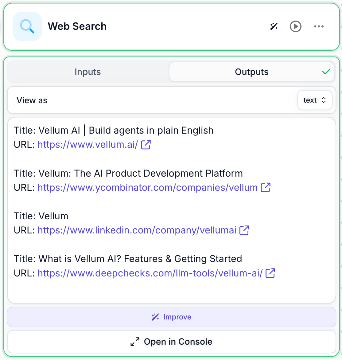 Web Search Node outputs showing search results with titles and URLs