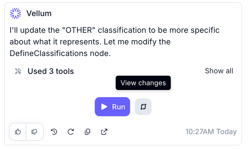 Vellum interface showing Compare button after Agent Builder makes edits to a Workflow