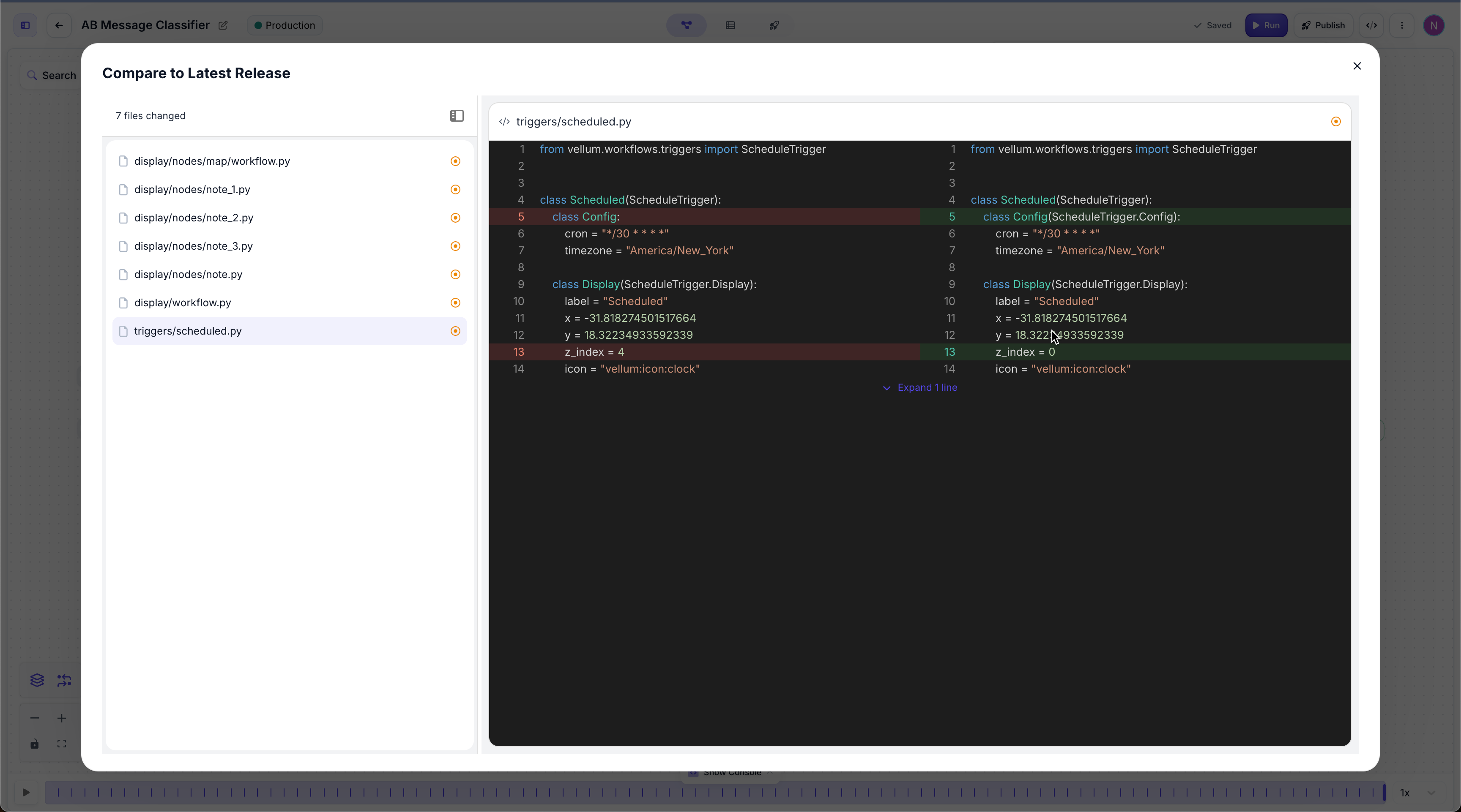 Comparison modal showing code diff