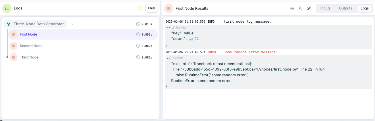 Workflow console showing log events with INFO and ERROR levels