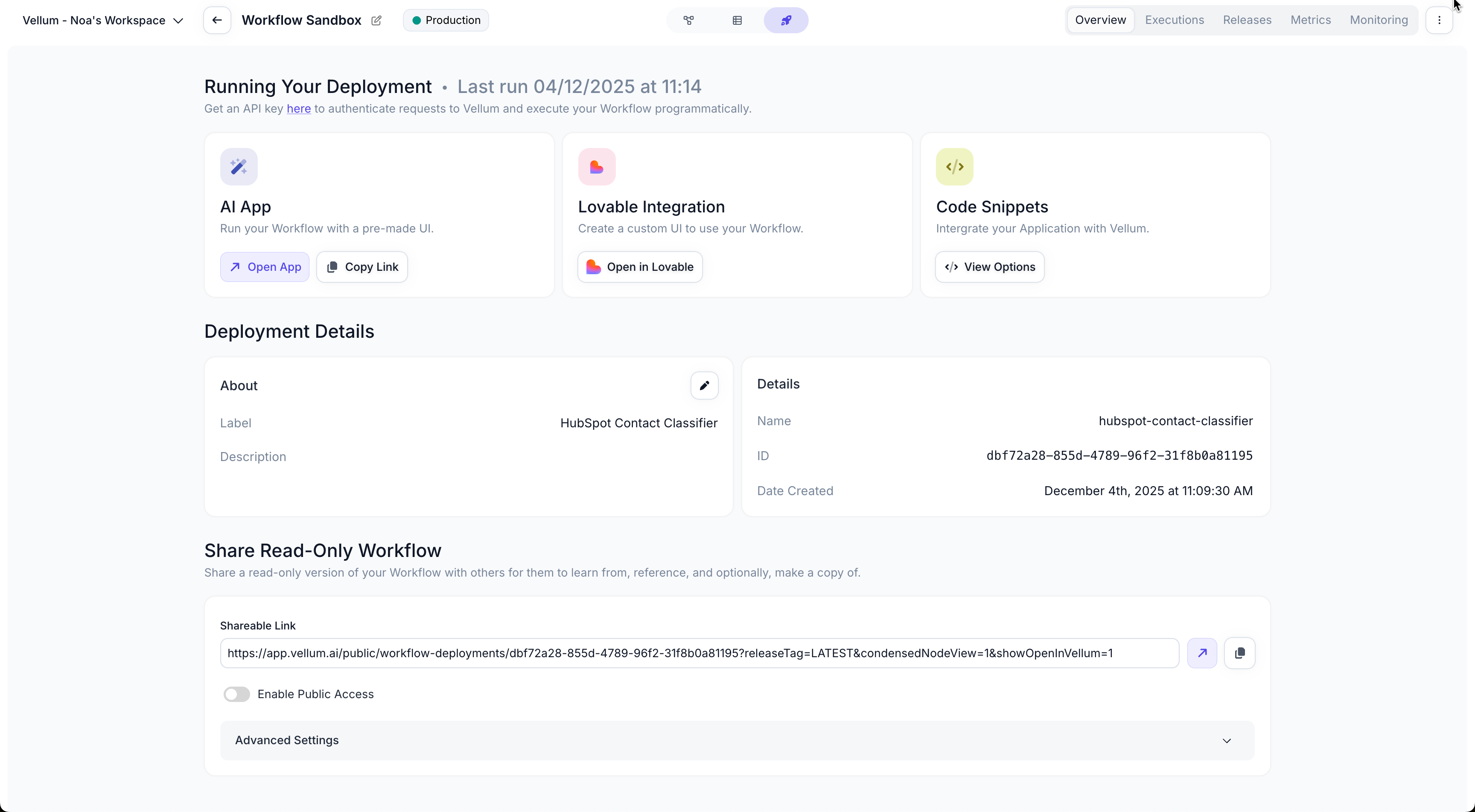 Revamped Workflow Deployment Overview page showing AI App, Lovable Integration, and Code Snippets options