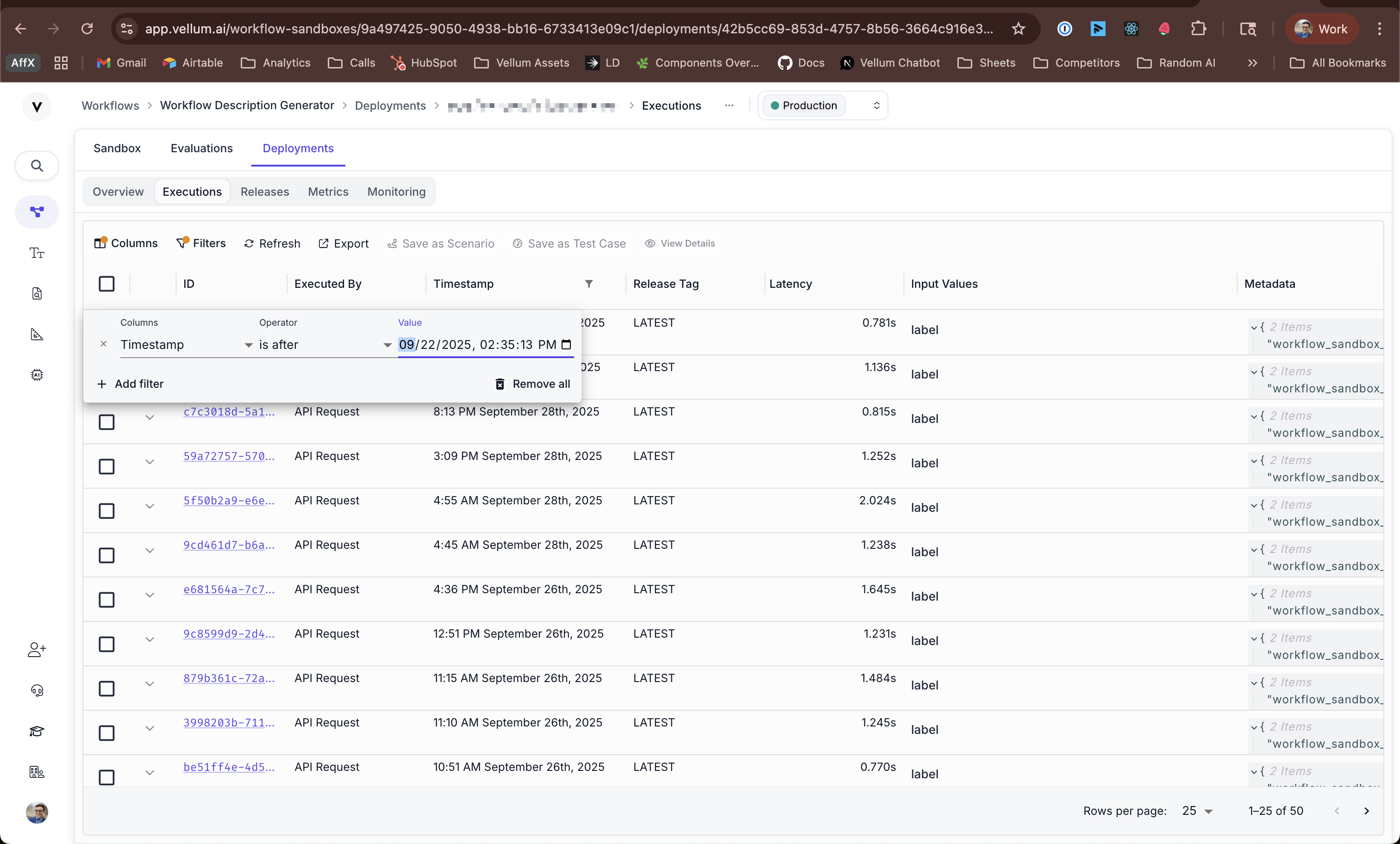 Vellum UI showing filter builder interface for Workflow executions