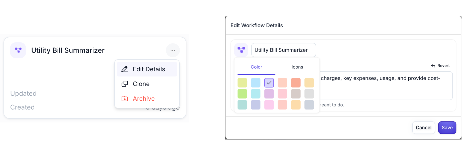 Edit Workflow Details modal showing color palette and icon selector for customizing Workflow appearance