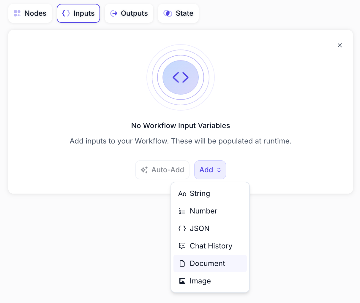 Screenshot showing Workflow inputs configuration with new Image and Document variable types available in the dropdown menu alongside existing String, Number, JSON, and Chat History options