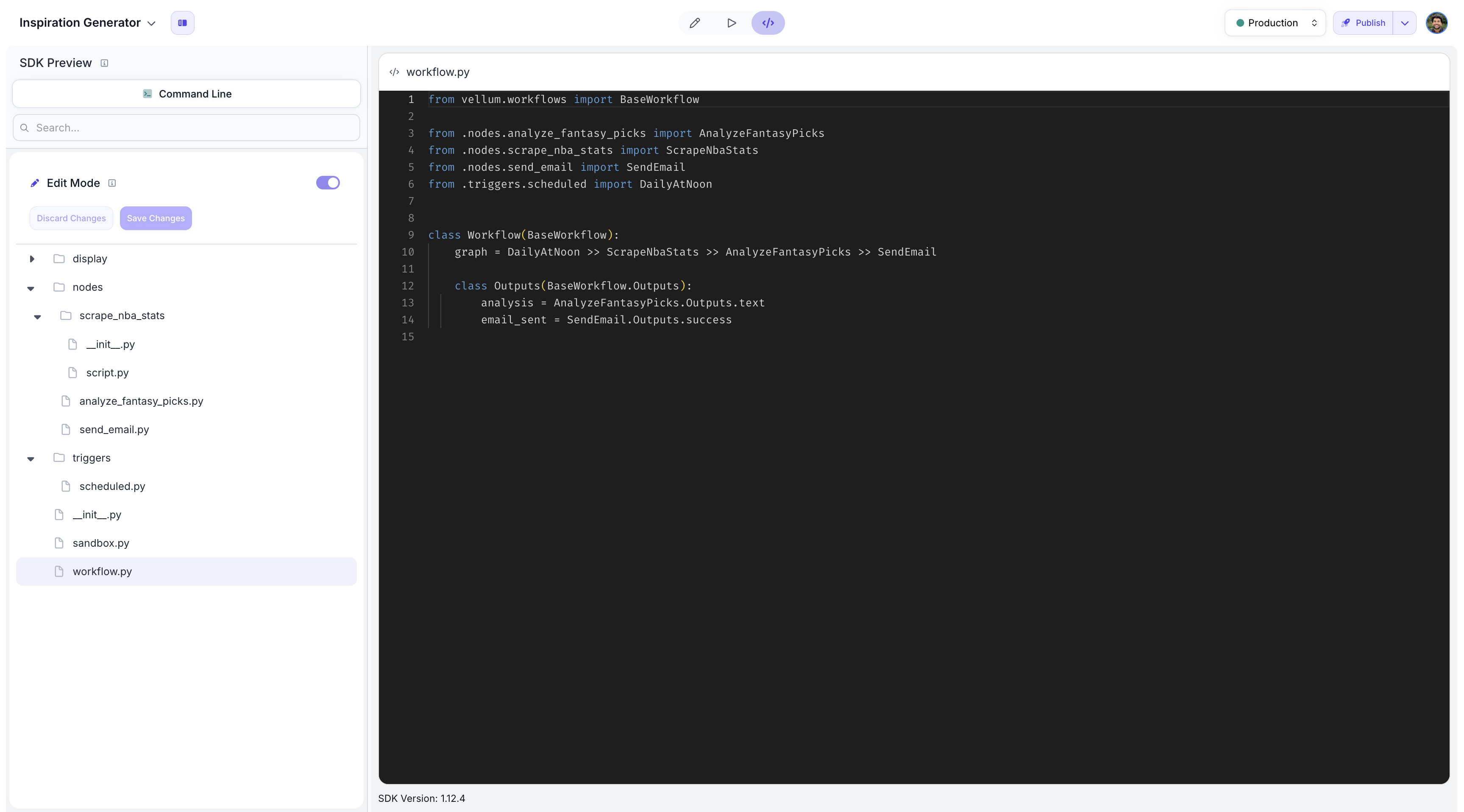 Workflow Sandbox in Code mode showing full-screen editor with workflow.py file