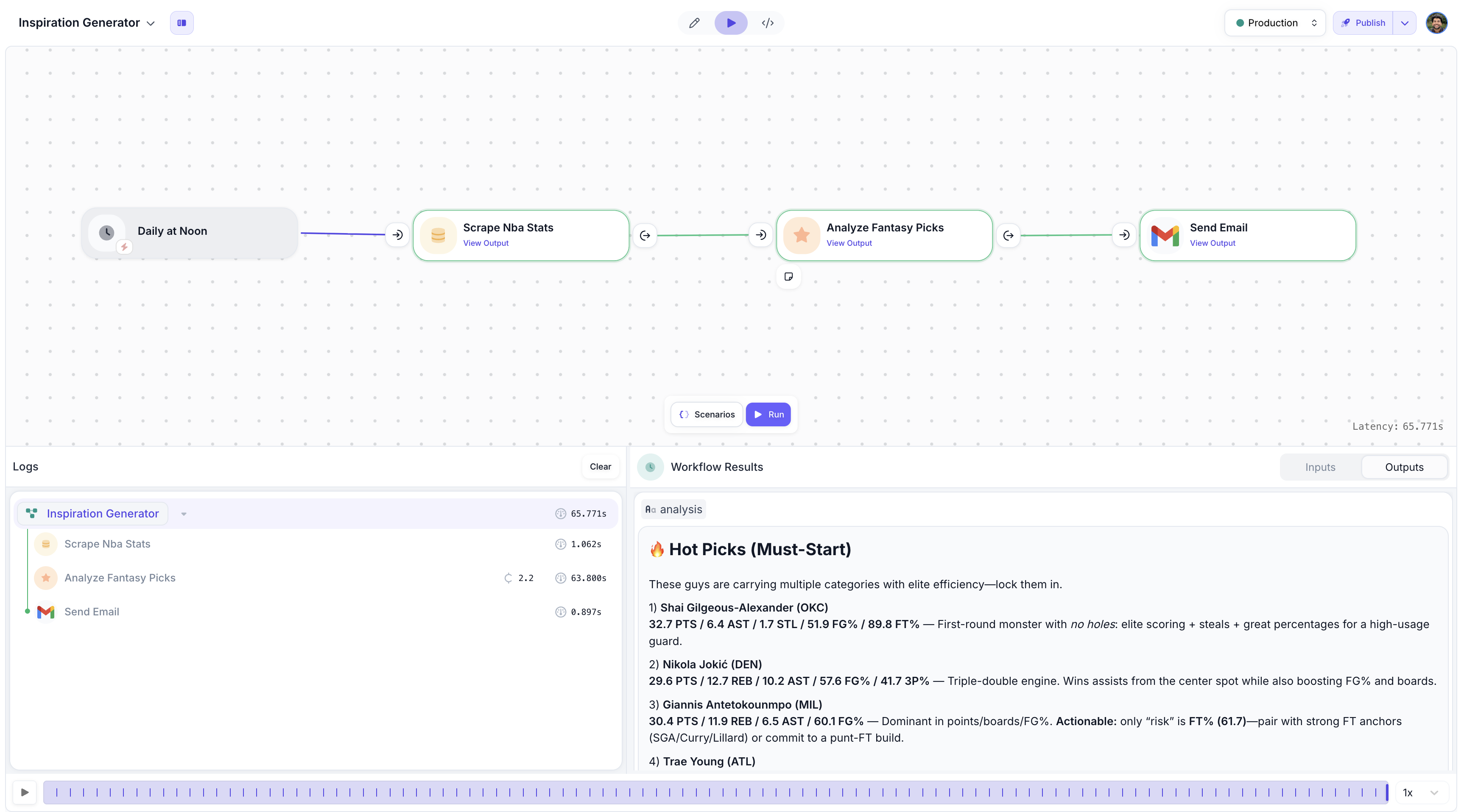 Workflow Sandbox in Run mode showing execution console with Workflow results