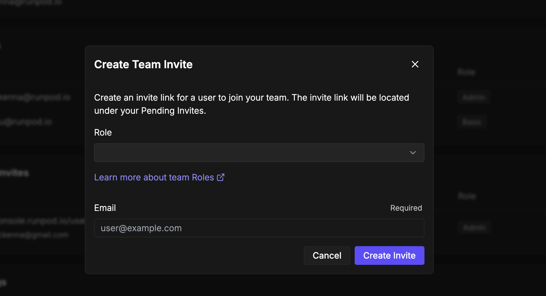 Create Team Invite dialog showing role selection and required email field