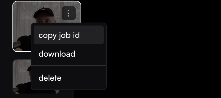 Screenshot showing how to copy job ID from Studio three dots menu